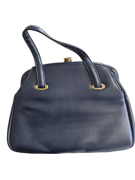 Unknown Handbags - Vintage Navy Blue Leather Handbag Gold Hardware Top Handles & Beige Interior